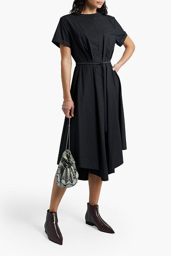 BRUNELLO CUCINELLI Asymmetric belted pleated cotton-poplin midi dress