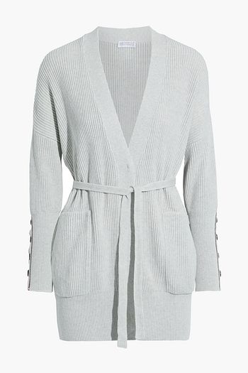 BRUNELLO CUCINELLI Belted bead-embellished ribbed cotton cardigan