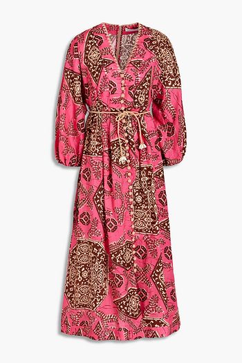 ZIMMERMANN Lulu bedrucktes Midikleid aus Leinen mit Gürtel