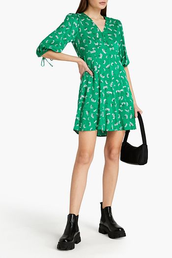 MAJE Gathered printed cupro-blend jacquard mini dress