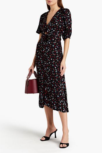 MAJE Cutout knotted printed satin-jacquard midi dress