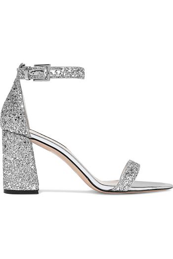 ALICE + OLIVIA Lillian mirrored leather-trimmed glittered woven sandals