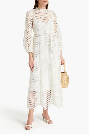 ZIMMERMANN Midikleid aus Ramie mit Lochstickerei und Gürtel