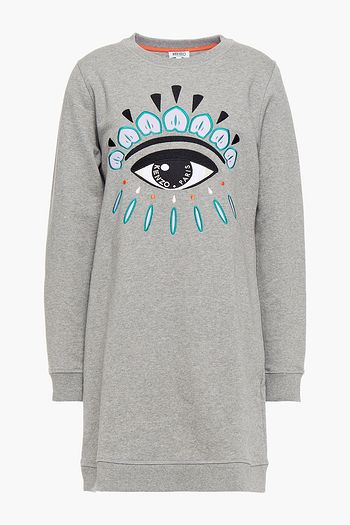 KENZO Embroidered mélange cotton-blend fleece mini dress