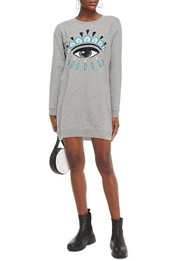 KENZO Embroidered mélange cotton-blend fleece mini dress