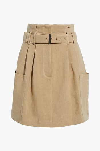 BRUNELLO CUCINELLI Belted pleated slub linen mini skirt