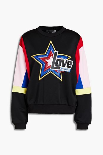 LOVE MOSCHINO Sequin-embellished printed color-block French terry sweatshirt