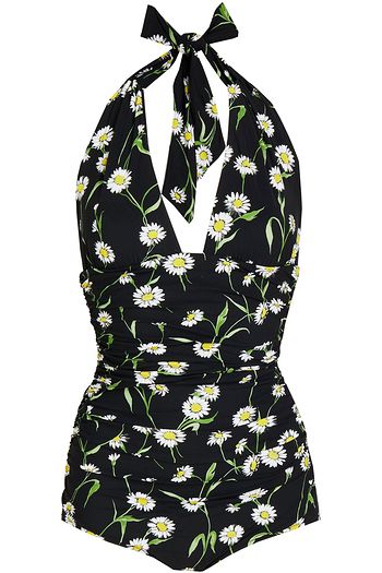 DOLCE & GABBANA BEACHWEAR Gathered floral-print halterneck swimsuit