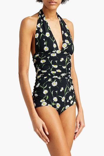 DOLCE & GABBANA BEACHWEAR Gathered floral-print halterneck swimsuit