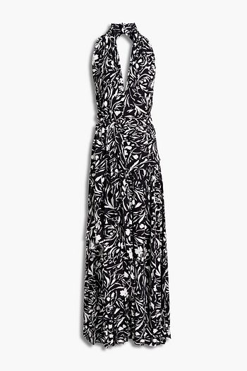 PROENZA SCHOULER Tie-front pleated printed crepe de chine halterneck maxi dress