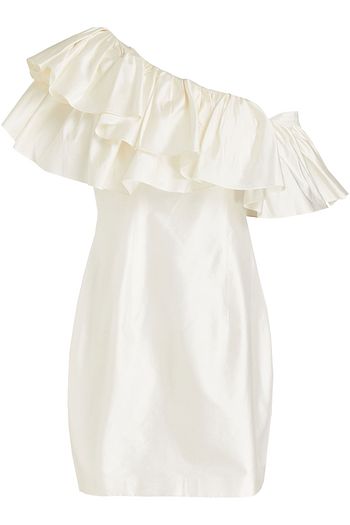 RASARIO Minikleid aus Shantung-Seide mit asymmetrischer Schulterpartie und Rüschen