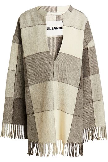 JIL SANDER Oversized fringed checked wool poncho