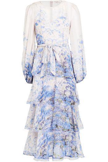 ZIMMERMANN Luminous gestuftes Midikleid aus Chiffon aus einer Baumwoll-Seidenmischung mit floralem Print und Gürtel