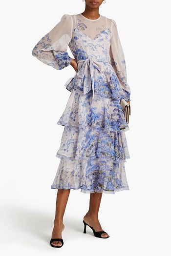 ZIMMERMANN Luminous gestuftes Midikleid aus Chiffon aus einer Baumwoll-Seidenmischung mit floralem Print und Gürtel