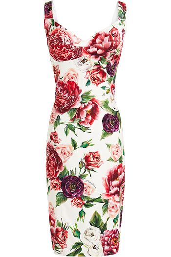 DOLCE & GABBANA Kleid aus glänzendem Crêpe aus einer Seidenmischung mit floralem Print und Mesh-Einsatz