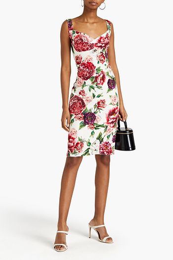 DOLCE & GABBANA Kleid aus glänzendem Crêpe aus einer Seidenmischung mit floralem Print und Mesh-Einsatz