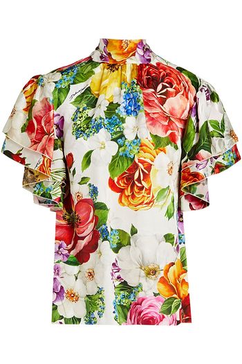 DOLCE & GABBANA Oberteil aus Seidenjacquard mit floralem Print und Raffung