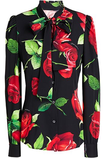 DOLCE & GABBANA Hemd aus Crêpe de Chine aus Stretch-Seide mit floralem Print und Schluppe