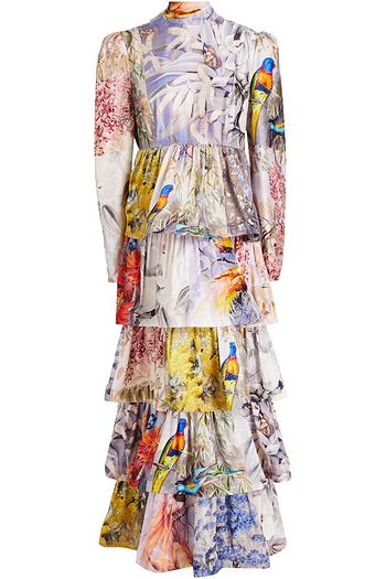 ZIMMERMANN Luminous gestuftes Midikleid aus Seidensatin mit Print und Schluppe