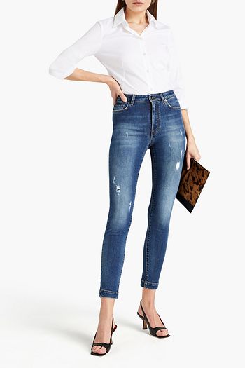 DOLCE & GABBANA Leather-trimmed distressed high-rise skinny jeans