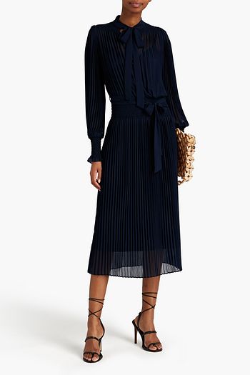 ZIMMERMANN Pussy-bow belted cutout pleated georgette midi dress
