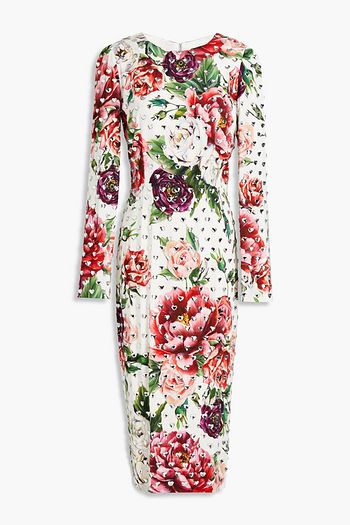 DOLCE & GABBANA Midikleid aus Crêpe mit floralem Print und Kristallverzierung