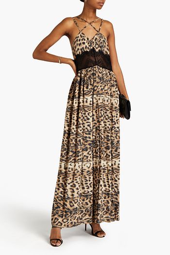 VICTORIA BECKHAM Lace-paneled leopard-print shell maxi dress