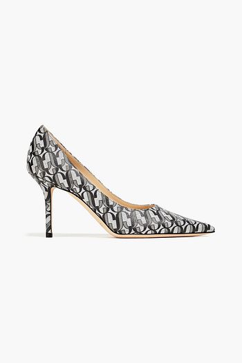 JIMMY CHOO Love 85 metallic logo-print leather pumps