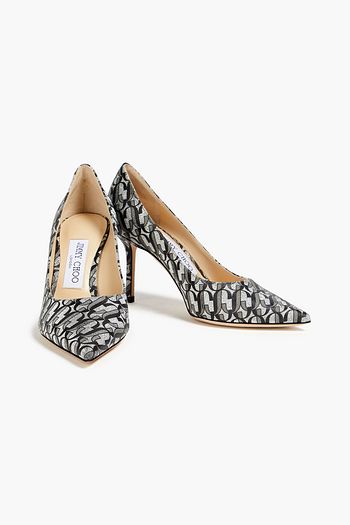 JIMMY CHOO Love 85 metallic logo-print leather pumps