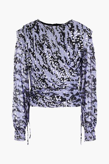 IRO Kleok ruched printed metallic fil coupé chiffon top