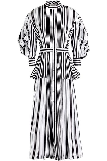 ALEXANDER MCQUEEN Layered ruffled pleated striped cotton-poplin midi dress