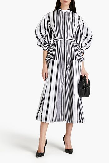 ALEXANDER MCQUEEN Layered ruffled pleated striped cotton-poplin midi dress