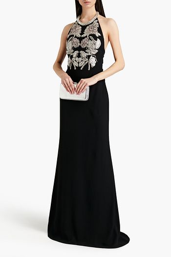 ALEXANDER MCQUEEN Crystal-embellished crepe halterneck gown