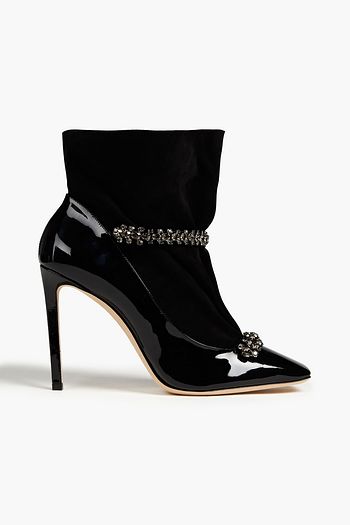 JIMMY CHOO Maruxa 100 suede-paneled embellished patent-leather ankle boots
