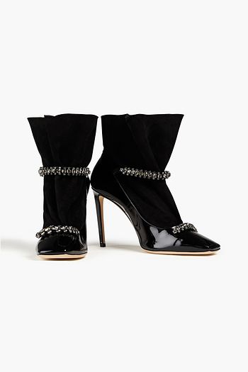 JIMMY CHOO Maruxa 100 suede-paneled embellished patent-leather ankle boots