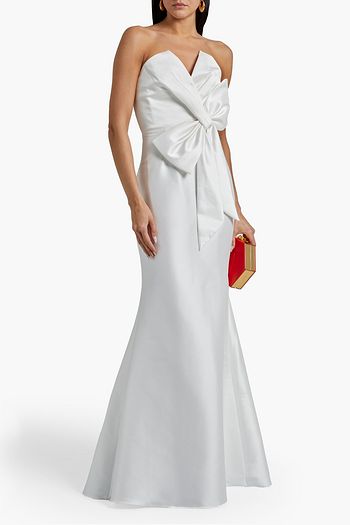 BADGLEY MISCHKA Trägerlose ausgestellte Robe aus glänzendem Twill mit Schleife