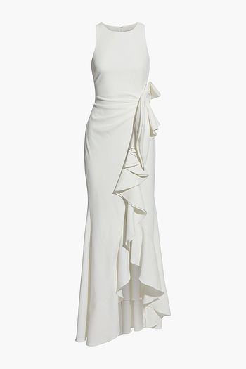 BADGLEY MISCHKA Asymmetrische Robe aus Stretch-Crêpe mit Schleife und Rüschen