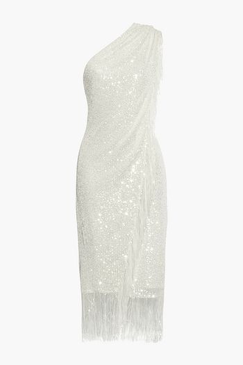 BADGLEY MISCHKA One-shoulder fringed sequined jersey midi dress