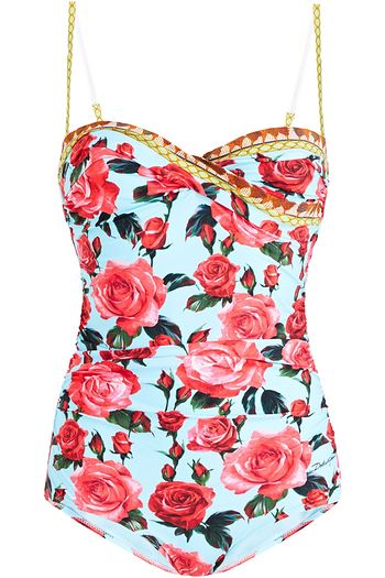 DOLCE & GABBANA Geraffter Badeanzug mit Bügel, floralem Print und Twist-Detail an der Vorderseite