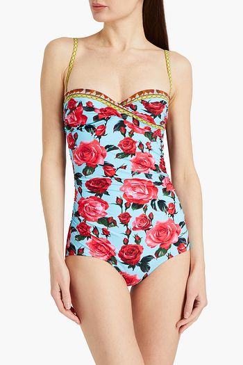 DOLCE & GABBANA Geraffter Badeanzug mit Bügel, floralem Print und Twist-Detail an der Vorderseite