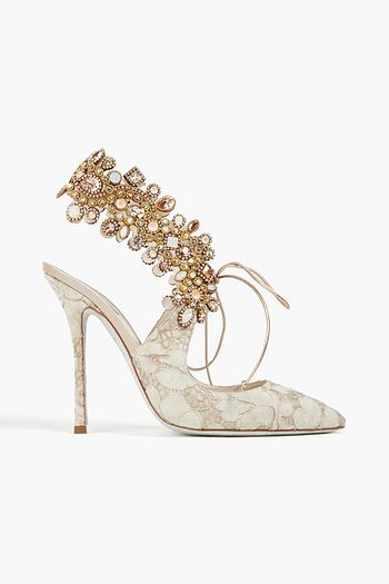 RENE' CAOVILLA Embellished leather and lace pumps