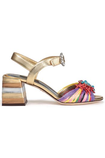 DOLCE & GABBANA Embellished metallic leather and raffia sandals