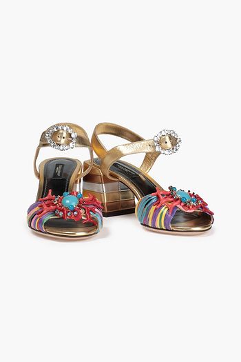 DOLCE & GABBANA Embellished metallic leather and raffia sandals
