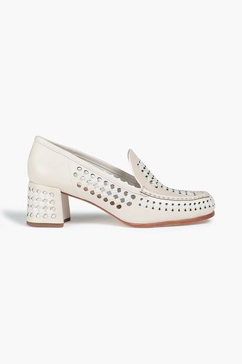 TORY BURCH Raffia-trimmed perforated leather pumps