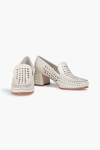 TORY BURCH Raffia-trimmed perforated leather pumps