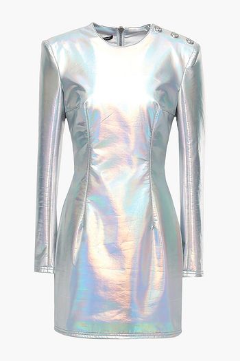 BALMAIN ボタン付き パール光沢ストレッチニット ミニワンピース