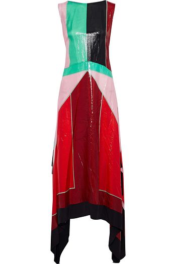 DIANE VON FURSTENBERG Asymmetric color-block coated silk-blend midi dress