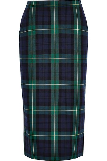 PUSHBUTTON Checked cotton-blend twill and crepe pencil skirt