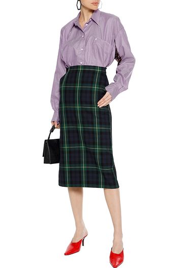 PUSHBUTTON Checked cotton-blend twill and crepe pencil skirt