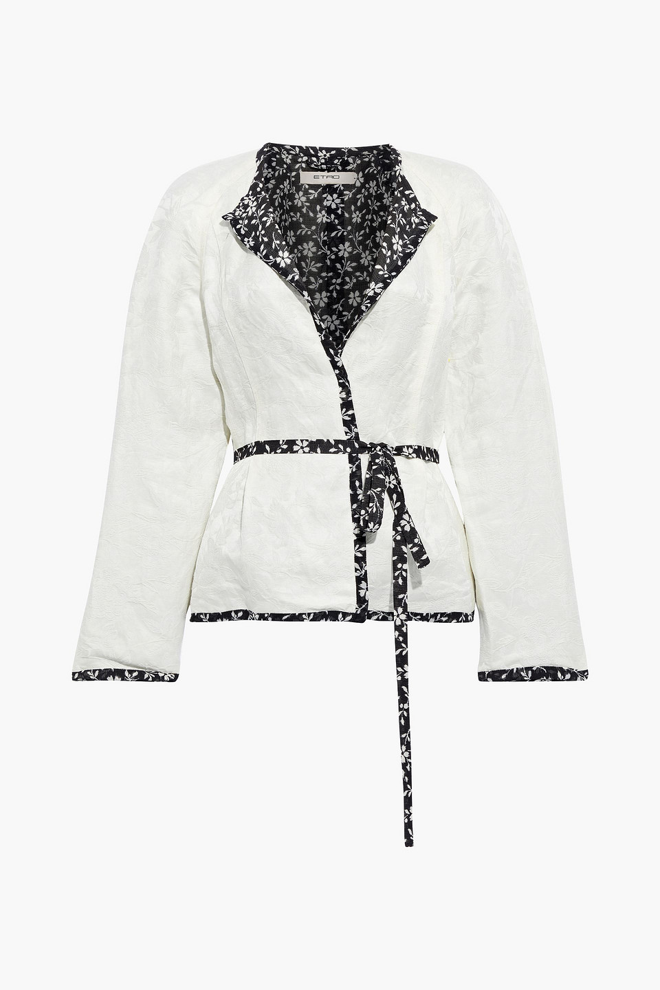 Woman Belted Linen And Silk-blend Floral-jacquard Jacket
